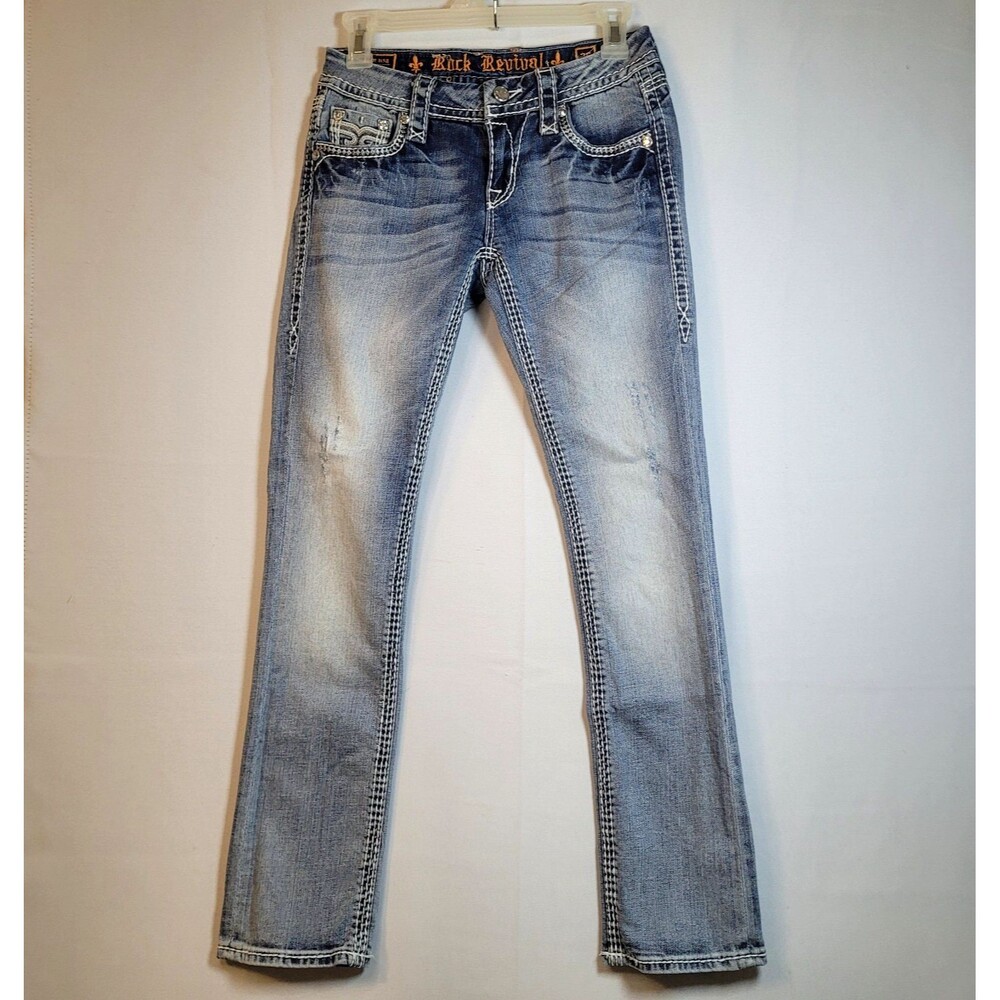 Rock Revival Lily T3 Distressed Straight Leg Jeans Light Wash Women's Size 26x29